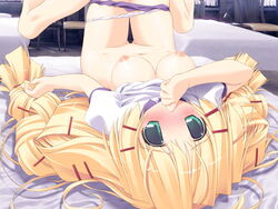 blonde_hair blush braid breasts censored game_cg green_eyes hair_ornament hairclip highres lingerie navel nipples oono_tetsuya panties priecia prism_ark thighhighs underwear very_long_hair