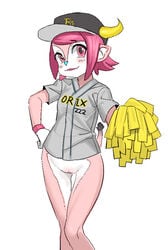 baseball blush bottomless buffalo_bell horns mascot orix_buffaloes pink_eyes pink_hair pom_poms pussy tail