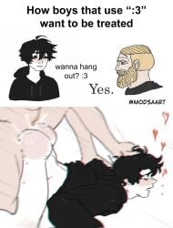 2boys abs age_difference all_fours ambiguous_penetration bara big_dom_small_sub chad_(meme) cum cum_in_ass cum_inside daddy daddy_kink dilf doggy_style doomer_boy english english_text femboy gay gay_anal gay_domination gay_sex hair_grab height_difference hoodie hookup instant_loss_2koma male male/male male_only meme modsa666 muscular muscular_male nude nude_male pleasure_face rough_sex text text_box thrusting thrusting_into_ass trap yaoi