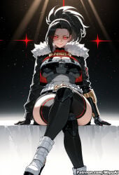1girl ai_assisted ai_generated bangs belt black_hair black_legwear boku_no_hero_academia boots breasts closed_mouth crossed_legs curvaceous curvy curvy_female curvy_figure female fur_collar fur_trim large_breasts long_hair long_sleeves looking_at_viewer miyuai my_hero_academia ponytail red_eyes sitting smile solo sparkle sword thick thick_ass thick_butt thick_hips thick_legs thick_thighs thighhighs thighs voluptuous voluptuous_female weapon wide_hips wide_thighs yaoyorozu_momo