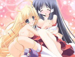 2girls blonde_hair blue_hair braid breast_grab breasts censored female game_cg green_eyes hair_ornament hairclip highres kagura_(prism_ark) multiple_girls nipples oono_tetsuya priecia prism_ark pussy thighhighs very_long_hair yuri