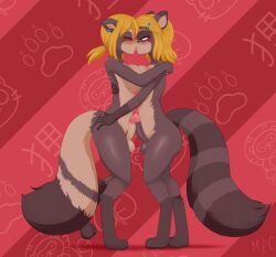 accessory alternate_species anthro anthro_on_anthro anthrofied ass big_butt blonde_hair blue_ear_ring blush bodily_fluids breasts breath_of_the_wild brown_body brown_fur canid canine duo ear_piercing ear_ring female frottage fur furrification genital_fluids genitals green_eyes hair hair_accessory hairpin herm hi_res hug intersex intersex/intersex kissing link mammal mentalcrash multicolored_body multicolored_fur nintendo pattern_background penile penis penis_rubbing penises_touching piercing ponytail precum princess_zelda raccoon_dog ring_piercing sex side_view simple_background tail tan_body tan_fur tanuki the_legend_of_zelda thick_tail thick_thighs throbbing throbbing_penis tied_hair touching_butt