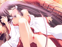 blue_hair breasts censored game_cg hair_ornament highres kagura_(prism_ark) long_hair nipples oono_tetsuya prism_ark pussy spread_pussy