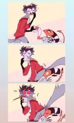 4_eyes 4_fingers accident anthro ass avian back_spines beak beverage bird black_beak blitzo_(helluva_boss) blue_background blush bodily_fluids bottomless bottomless_anthro bottomless_male butt_grab canon_couple chest_tuft closed_eyes clothed clothing coffee coffee_mug container cup demon demon_humanoid drinking duo english_text eyebrows facesitting facial_markings feather_hair feather_tuft feathers fingers forehead_markings glowing_pupils gradient_background grey_body grey_feathers half-closed_eyes hand_on_butt head_markings hellaverse helluva_boss hi_res holding_container holding_cup holding_mug holding_object horn horned_humanoid humanoid humanoid_on_anthro imp implied_penetration implied_rimming loose_feather male male/male markings meribe morning mug multi_eye multicolored_body narrowed_eyes open_mouth oral oral_only owl owl_demon partially_clothed pseudo_hair red_body red_eyes red_sclera shirt simple_background sitting_on_another size_difference smile spade_tail spines spitting steam stolas_(helluva_boss) stolitz striped_horn stripes surprised sweat sweatdrop tail tail_feathers tail_motion tailwag text tired tongue topwear tuft wide_eyed yawn yellow_sclera