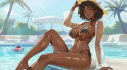 1girls african_female ai_generated big_breasts bikini black_bikini_top black_woman brown_eyes brown_hair cleavage curly_hair dark-skinned_female dark_skin female female_only looking_at_viewer original original_character outdoors outside pool poolside sitting_on_chair sitting_on_person solo solo_female thighs underboob wet_skin