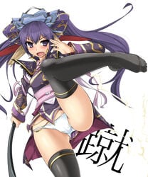 black_legwear blush cameltoe cum cute_fang feet headdress high_kick kicking leg_up legs long_hair momio open_mouth panties purple_eyes purple_hair sangokushi_taisen thighhighs thighs tied_hair touhaku twintails underwear very_long_hair weapon whip white_panties