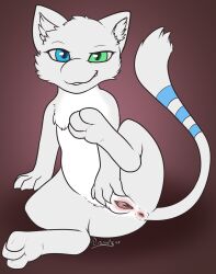 2025 3_toes 4_fingers absurd_res anus blue_body blue_eyes blue_fur blue_markings blue_stripes blue_tail dated fan_character feet felid feline female feral fingers front_view fur fur_markings generation_1_pokemon genitals green_eyes heterochromia hi_res inner_ear_fluff itsdraconix legendary_pokemon looking_at_viewer mammal markings mew_(pokemon) multicolored_tail narrowed_eyes nintendo pink_vulva pokemon pokemon_(species) presenting presenting_vulva raised_leg signature simple_background smile smiling_at_viewer smirk smirking_at_viewer snout solo striped_body striped_fur striped_markings striped_tail stripes tail tail_markings toes tuft two_tone_tail vulva white_body white_ears white_fur white_inner_ear white_inner_ear_fluff white_tail yuki_(side_b)
