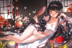 absurdres autumn_leaves ball barefoot bishoujo_mangekyou:_kotowari_to_meikyuu_no_shoujo bishoujo_mangekyou_(series) black_hair black_kimono blunt_bangs blush bottomless breasts bug butterfly chest_sarashi commentary_request cup dappled_sunlight day devil_heavens falling_leaves feet female fingernails floral_print floral_print_kimono flower gold_hairband green_eyes hair_ribbon hairband hand_fan head_rest highres holding holding_fan japanese_clothes kimono leaf long_fingernails long_hair looking_at_viewer lying medium_breasts navel off_shoulder on_side open_clothes open_kimono open_mouth paper_fan print_kimono pussy red_flower red_ribbon red_rose renge_(bishoujo_mangekyou) ribbon rose sakazuki sarashi shade shouji sliding_doors solo sunlight tassel tatami temari_ball uchiwa uncensored very_long_hair wooden_floor