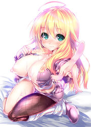 1girls ahoge blonde_hair blush breasts cool_&_sexy_(idolmaster) cum cum_on_body cum_on_breasts cum_on_upper_body female foreshortening green_eyes hoshii_miki idolmaster large_breasts long_hair noto_kurumi sitting smile solo wariza