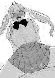 1boy absurdres arms_behind_back blush bow bowtie breasts chainsaw_man commentary_request cowgirl_position cross-shaped_pupils demon_horns female from_below greyscale hair_between_eyes highres horns implied_sex kaiman_garupan long_hair long_hair_between_eyes looking_at_viewer monochrome official_alternate_hairstyle open_mouth pleated_skirt pov power_(chainsaw_man) sharp_teeth shirt short_sleeves simple_background single_sidelock skirt straddling straight symbol-shaped_pupils teeth tongue tongue_out twintails white_background