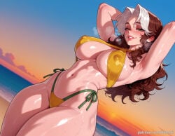 1girl ai_generated armpits arms_behind_head balecxi beach blush brown_hair covered_nipples green_eyes large_breasts long_hair looking_at_viewer marvel marvel_cinematic_universe marvel_rivals navel outdoors rogue_(marvel_rivals) rogue_(x-men) smile solo sunset sweat swimsuit thighs two-tone_hair white_hair x-men yellow_bikini