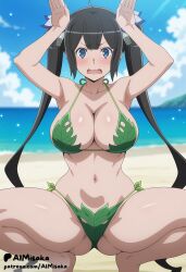 1girls ai_generated aimisaka armpits arms_up ass_visible_through_thighs bare_shoulders barefoot beach bikini black_hair blue_eyes blue_sky blush breasts cleavage cloud collarbone day dungeon_ni_deai_wo_motomeru_no_wa_machigatteiru_darou_ka green_bikini halterneck hands_up hestia_(danmachi) horizon large_breasts leaf leaf_bikini long_hair looking_at_viewer navel ocean open_mouth outdoors rabbit_pose sand side_tie_bikini_bottom sky solo spread_legs squatting stomach string_bikini swimsuit thighs twintails very_long_hair water wavy_mouth