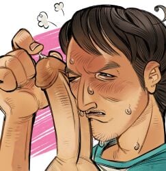 asian asian_male brown_hair circumcised clothed gay hughe_mann male penis penis_on_face penis_out precum precum_string seong_gi-hun squid_game sweatdrop sweating sweaty