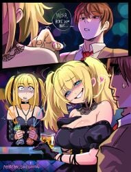1boy 2020 2025 2girls ani_(twitter) ani_(xai) black_dress blonde-haired_female blonde_female blonde_hair blonde_hair_female brown_hair brown_hair_male color colored death_note english english_text funny grok_(twitter) grok_(x) grok_(xai) japanese_male jealous jealous_female jealousy light-skinned_female light-skinned_male light_skin light_yagami look-alike misa_amane not_porn praying_this_dont_get_deleted snegovski sweat sweatdrop text text_bubble twintails twintails_(hairstyle) twitter watermark