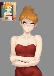 angry_face arms_crossed average_breasts cleavage earrings glasses looking_left meruzis necklace ponytail red_dress red_hair reference_image smiling_friends zoey_(smiling_friends)