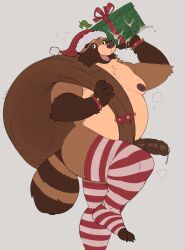 anthro ball_ring balls big_balls brown_body brown_fur canid canine cheek_tuft christmas christmas_clothing christmas_headwear clothing erection facial_tuft fangs footwear foreskin fur genitals grey_background hat headgear headwear hi_res holidays huge_balls humanoid_genitalia humanoid_penis hyper hyper_balls hyper_genitalia leaf leaf_on_head male mammal markings multicolored_body multicolored_fur open_mouth open_smile overweight overweight_anthro overweight_male penis raccoon_dog roseonapot santa_hat simple_background smile socks striped_markings striped_tail stripes tail tail_markings tanuki teeth toast_(roseonapot) toeless_footwear toeless_legwear toeless_socks toeless_stockings tuft two_tone_body two_tone_fur vein veiny_penis wide_eyed