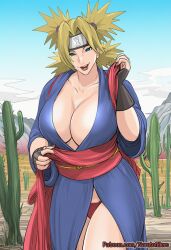 1girls ai_generated alternate_breast_size asian asian_clothing asian_female bare_legs bare_thighs beauty_mark black_gloves blonde_hair blush bottomless breasts cactus chinese_dress clothed clothing desert female female_only fingerless_gloves forehead_protector fully_clothed gloves green_eyes headband hi_res high_resolution highres hips japanese_clothes kimono leg_lift leg_up light-skinned_female light_skin lips lipstick looking_at_viewer makeup naruto naruto_(series) naruto_shippuden narutofillers naughty naughty_face naughty_smile outdoors pale-skinned_female pale_skin panties patreon_username pink_lips pink_lipstick pinup pose posing shounen_jump shueisha skimpy skimpy_clothes skimpy_dress solo solo_female standing standing_on_one_leg sunagakure_symbol temari thick_thighs thighs thunder_thighs tied_hair twintails undressing url very_high_resolution watermark web_address weekly_shonen_jump wide_hips yukata