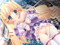 blonde_hair bra braid breasts censored game_cg green_eyes hair_ornament hairclip highres lingerie nipples oono_tetsuya panties priecia prism_ark pussy pussy_juice thighhighs underwear very_long_hair