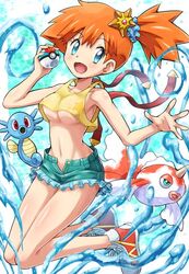 aqua_eyes blue_eyes blush body_blush breasts female goldeen gradient_background hair_ornament horsea human human_only jpeg_artifacts kasumi_(pokemon) looking_at_viewer midriff misty_(pokemon) navel nintendo open_mouth orange_hair poke_ball pokemoa pokemon pokemon_(anime) shoes short_hair shorts side_ponytail smile sneakers soara staryu suspenders tank_top underboob unzipped water