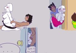 big_breasts big_thighs bouncing_ass cat_boy caught_in_the_act covering_mouth dialogue furry_female heart-shaped_pupils humping pounding_ass pregnant pregnant_sex sneaky tagme toriel toriel_(undertale) undertale undertale_(series)