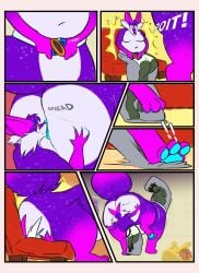 anthro anus ass big_butt blue_anus body_pillow border boxers_(clothing) canid canine clothing comic cosmo_allstar facesitting falling flat_colors fox green_body hi_res logtut male male/male mammal mouse multicolored_body murid murine non-euclidean_sex pillow portal portal_ring portal_sex pupils purple_body rodent sex sitting_on_another sound_effects taur text thinking_with_portals tripping two_tone_body underwear unusual_pupils white_border