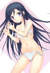 aragaki_ayase bikini black_hair blue_eyes breasts collarbone female front-tie_bikini front-tie_top long_hair looking_at_viewer n.g. navel off_shoulder open_bikini open_clothes open_mouth ore_no_imouto_ga_konna_ni_kawaii_wake_ga_nai side-tie_bikini solo swimsuit underboob untied very_long_hair wardrobe_malfunction white_bikini white_swimsuit