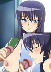 breasts censored closed_eyes cum cum_on_hair ejaculation facial fellatio hair handjob highschool_of_the_dead large_breasts miyamaya oral penis purple_hair saeko_busujima