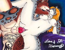 anthro ass balls blonde_hair breasts canine clitoris couple daelyhelaxon feline female fur furry hair knot labia legs male necklace nipples nude penis pussy sex snow_leopard spots spreading straight tail tattoo wolf