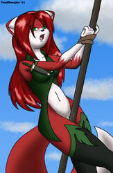 anthro bondage bottomless bound canine cat-fox color dagger day feline female fox fur furry green_eyes grinding linda_wright outdoors pussy pussy_juice red_hair stockings tail terdburgler weapon