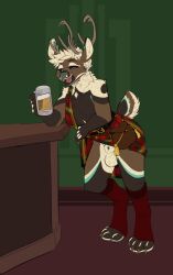 alcohol animal_genitalia anthro antlers balls bar beer beer_mug beverage bottomwear canid canine canis clothed clothing clothing_lift deer fully_sheathed genitals hi_res horn hybrid ittybittykittytittys jackal kilt kilt_lift leg_warmers legwear male mammal new_world_deer no_underwear penis_under_skirt presenting reindeer rento_faran seductive sheath short_tail skirt smile solo sporran sporran_aside tail teasing