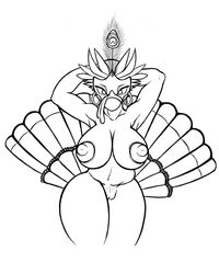 avian beak breasts feathers female looking_at_viewer monochrome nude pose pussy solo tail thanksgiving trancua turkey