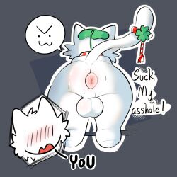 >:3 1:1 accessory anon anthro anus ass balls blush blush_lines bodily_fluids butt_focus colar domestic_cat duo english_text f_d_e_i_a felid feline felis fur furgonomics genitals grey_background hi_res leaf male mammal oral_request presenting presenting_hindquarters puffy_anus requesting sex_request simple_background sweat sweatdrop tail tail_accessory talking_to_viewer text white_body white_fur
