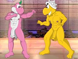 4:3 anthro armor balls balls_outline big_balls big_nipples big_penis bulge ciel-wolf clothing detailed_bulge dinosaur dragon duo feet fighting_pose fighting_ring flaccid foreskin genital_outline genitals headgear headgear_only headwear headwear_only helmet helmet_only hi_res jr_troopa koopa koopa_troopa male male/male mario_bros mostly_nude muscular muscular_anthro muscular_male mythological_creature mythological_scalie mythology nintendo nipples nude nude_fight paper_mario paper_mario:_the_thousand_year_door penis pink_body pink_yoshi pose prehistoric prehistoric_species reptile scalie teeth the_great_gonzales_jr tortoise turtle white_eyes yellow_body yoshi
