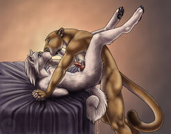 anthro bed canine cougar feline fur furry gay husky interlocked_fingers kissing laced_fingers male sabretoothed_ermine tagme