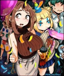 2boys 2girls absurdres balloon blonde-haired_female blonde_hair blue_sailor_collar blue_skirt blurry blurry_background boku_no_hero_academia bottle breasts bright_pupils brown-haired_female brown_cardigan brown_eyes brown_hair cardigan cigarette closed_eyes collared_shirt commentary condom condom_belt confetti cum dress_shirt english_commentary facepaint foreshortening freckles frown green-haired_male green_hair hat highres himiko_toga holding holding_bottle holding_cigarette ice_pack izuku_midoriya large_breasts long_sleeves looking_to_the_side medium_hair messy_hair midoriya_izuku mineta_minoru miniskirt motion_blur multiple_boys multiple_girls my_hero_academia neckerchief open_mouth pants party_hat pleated_skirt red_neckerchief sailor_collar shirt skirt sleeveless sleeveless_turtleneck snegovski standing sweater thick_eyebrows toga_himiko turtleneck turtleneck_sweater uraraka_ochaco used_condom wavy_mouth white_pupils white_shirt