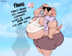 2025 amphibian anthro artist_name ass axoarts axolotl beach big_butt big_moobs bodily_fluids bottomwear brown_body brown_bottomwear brown_clothing brown_hair brown_nipples brown_shorts brown_tail character_name clothed clothing cloud day digital_media_(artwork) eyewear eyewear_on_head franz_(axoarts) freckled_butt freckled_face freckles hair half-closed_eyes hi_res holding_eyewear holding_object holding_sunglasses huge_butt looking_at_viewer male marine model_sheet mole_salamander moobs multicolored_clothing multicolored_shirt multicolored_topwear narrowed_eyes navel nipples obese obese_anthro obese_male open_clothing open_shirt open_topwear overweight overweight_anthro overweight_male pink_clothing pink_shirt pink_topwear purple_clothing purple_shirt purple_topwear salamander sand sea shirt shorts side_view smile solo standing sunglasses sunglasses_on_head sweat tail tank_top text thick_thighs tongue topwear two_tone_clothing two_tone_shirt two_tone_tail two_tone_topwear water white_clothing white_shirt white_tank_top white_topwear