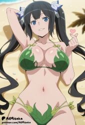 ai_generated aimisaka arm_behind_head arm_up armpits artist_name bare_shoulders beach bikini black_hair blue_eyes blue_ribbon blurry breasts cleavage collarbone day dungeon_ni_deai_wo_motomeru_no_wa_machigatteiru_darou_ka female finger_heart green_bikini groin hair_ribbon halterneck hand_up heart hestia_(danmachi) large_breasts long_hair looking_at_viewer lying navel ocean on_back outdoors parted_lips patreon_logo patreon_username ribbon sand shell smile solo stomach swimsuit twintails very_long_hair water web_address