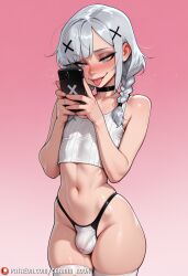 1boy ai_generated artist_name bare_shoulders black_choker blush braid bulge carminroux cellphone choker collarbone cowboy_shot crop_top crossdressing erection erection_under_clothes femboy gradient_background grey_eyes grey_hair hair_ornament highleg highleg_panties holding holding_phone male_focus medium_hair navel oc oc_character otoko_no_ko panties patreon_username phone pink_background simple_background skindentation smartphone smile solo sweat thighhighs tongue tongue_out twin_braids underwear white_panties white_thighhighs x_hair_ornament