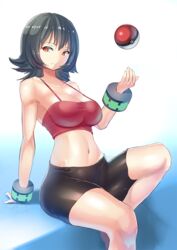 bike_shorts bracelet breasts camisole cleavage collarbone crop_top female female_only fully_clothed gradient_background grin gym_leader human jewelry kazo looking_at_viewer nintendo poke_ball pokemon pokemon_hgss sabrina_(pokemon) sabrina_(pokemon_hgss) sitting smile solo spats