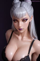 3d ai_generated big_breasts bra breasts evelynn eyelashes high_resolution highres leorna long_hair makeup portrait purple_lipstick silver_hair simple_background