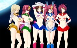 3d 5girls bishoujo_senshi_sailor_moon blue_skirt breasts brown_hair cagalli_yula_athha cleavage clothes clothing cosplay female female_only green_skirt gundam gundam_seed gundam_seed_destiny hair highres humanoid lacus_clyne large_breasts long_hair lunamaria_hawke meer_campbell murrue_ramius parody pasties red_skirt sailor_moon_(cosplay) shiri short_skirt skirt small_breasts