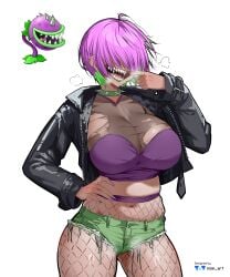 1girls ass bangs_over_eyes belly_button breasts chomper_(pvz) exposed_midriff eyes_covered female fishnet_legwear fishnets flora_fauna green_lipstick huge_breasts human humanized leather_jacket nisp_art painted_nails panting pierced_ears piercings plant plant_girl plant_humanoid plantie plants_vs._zombies plants_vs_zombies popcap_games pulling_cheek purple_nails ripped_shorts sharp_teeth short_shorts skindentation studded_choker two-tone_hair