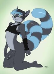 1boy blue_fur bottomless choker clothing eye_contact furry green_eyes half-closed_eyes hindpaw long_tail looking_at_viewer male male_only multicolored_hair onta original_character paws penis shirt tail tank_top text watermark