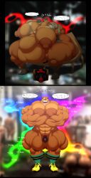 abs absurd_res anthro aura bear bobthetanuki bonkers_(series) bulge clothing footwear grumbles_grizzly gymra hi_res homeless level_number lock_bulge male mammal moobs muscular muscular_anthro muscular_male nude null null_bulge overweight overweight_anthro overweight_male pecs shoes solo text torn_clothing