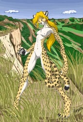 amber_eyes anthro blonde_hair breasts cheetah feline female fur furry hair navel nude ponytail pussy savannah small_breasts solo spots tail tied_hair yamavu