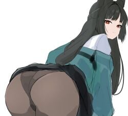 absurdres animal_ear_fluff animal_ears ass ass_focus blunt_bangs brown_pantyhose closed_mouth cowboy_shot expressionless female fox_ears fox_girl green_jacket highres hoshimi_miyabi jacket long_hair looking_at_viewer mini2chainz pantyhose red_eyes shirt simple_background solo thighs white_background white_shirt zenless_zone_zero