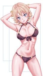 1girls armpits arms_behind_head big_breasts bikini black_bikini blonde_hair blue_eyes braid breasts busty cleavage darjeeling female female_only girls_und_panzer hair_bun highres large_breasts legs looking_at_viewer medium_hair navel open_mouth sexy sexy_armpits sexy_pose smile solo swimsuit thighs tongue voluptuous
