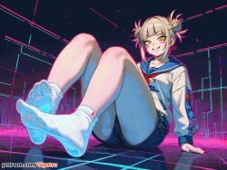 1girls ai_generated blonde_hair blush boku_no_hero_academia feet female female_only foot_fetish foot_focus gigatsu himiko_toga my_hero_academia seductive seductive_pose sitting smile socks solo solo_female toga_himiko vaporwave