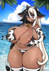 black_hair blue_eyes cow_ears cow_horns cow_tail cowbell cowgirl_outfit cowprint cowprint_bikini dark-skinned_female dark_skin large_breasts multicolored_hair paperrose thick_thighs white_hair wide_hips