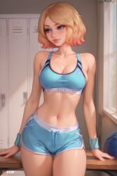 1girls acw ai_generated bare_midriff bare_shoulders blonde_hair blue_eyes cleavage fit gwen_stacy gwen_stacy_(spider-verse) indoors locker_room midriff pink_hair short_hair sideboob skindentation slim solo solo_female spider-man:_into_the_spider-verse spider-man_(series) sports_bra sports_shorts sportswear sweat two-tone_hair wristband